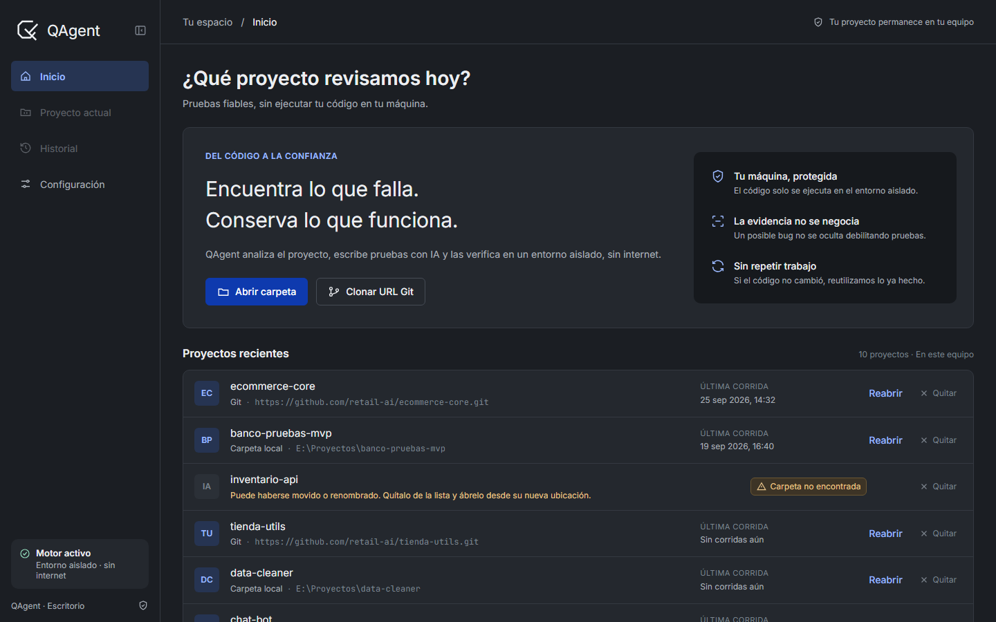 Pantalla de inicio de QAgent