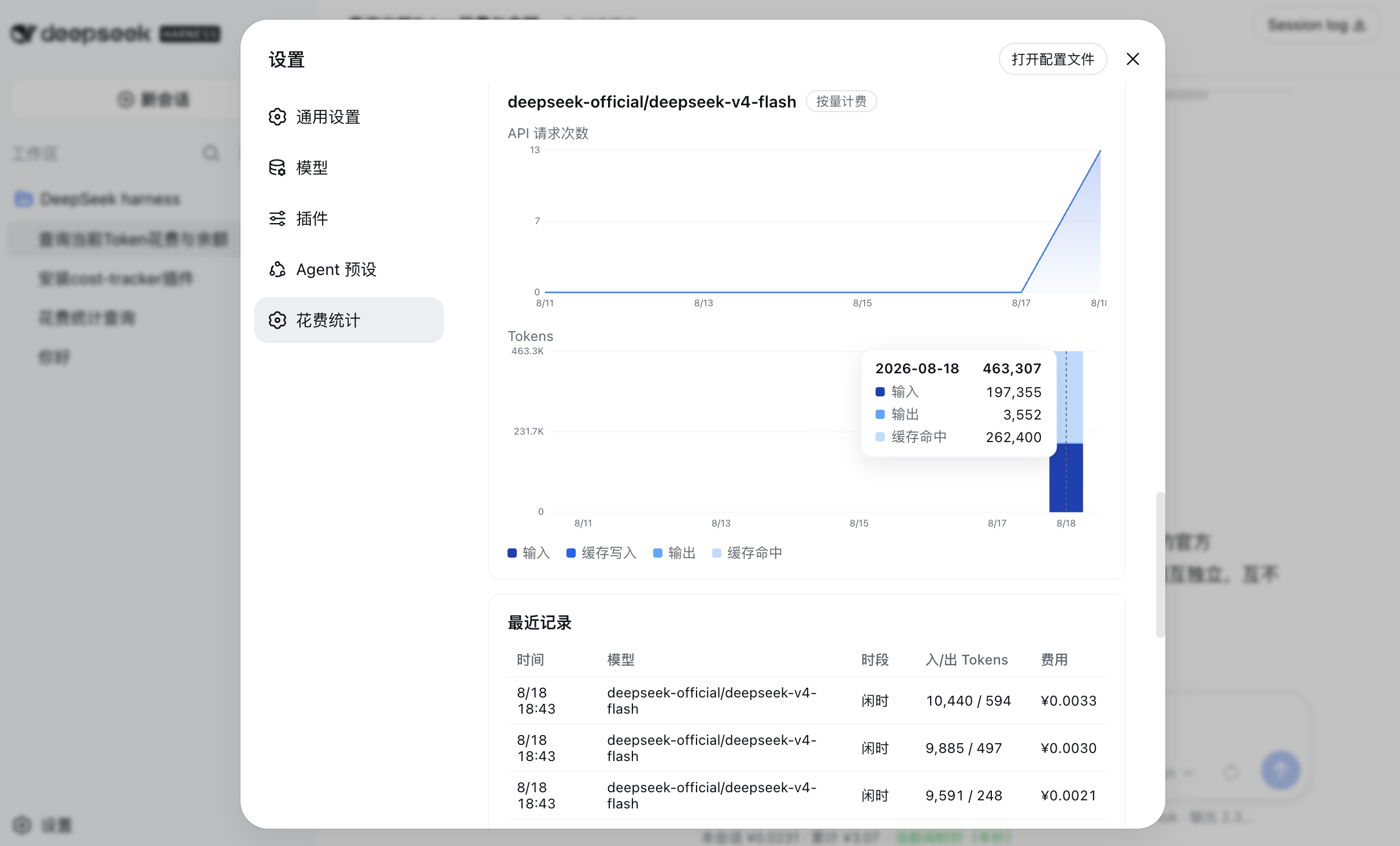 单个模型的请求次数面积图与 Tokens 堆叠图,悬停提示显示完整日期与分段数值