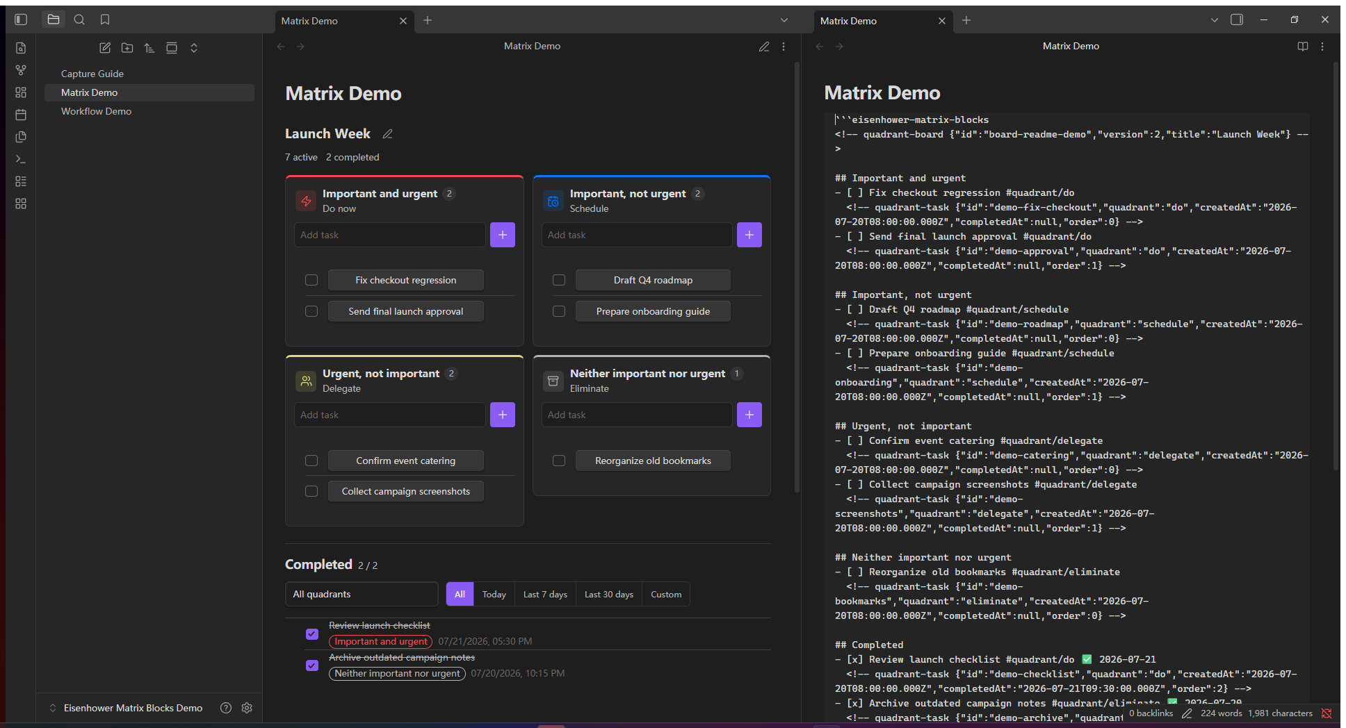 The rendered matrix beside its readable Markdown source