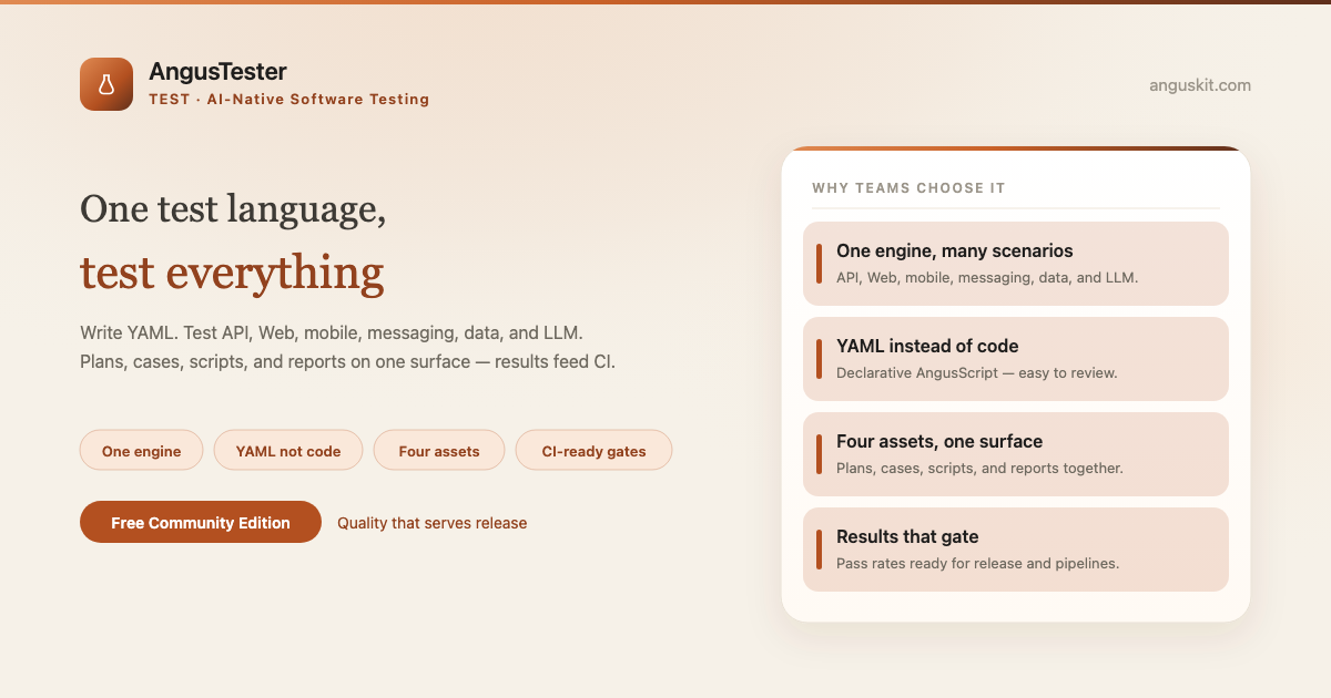 AngusTester — One Test Language. Test Everything.