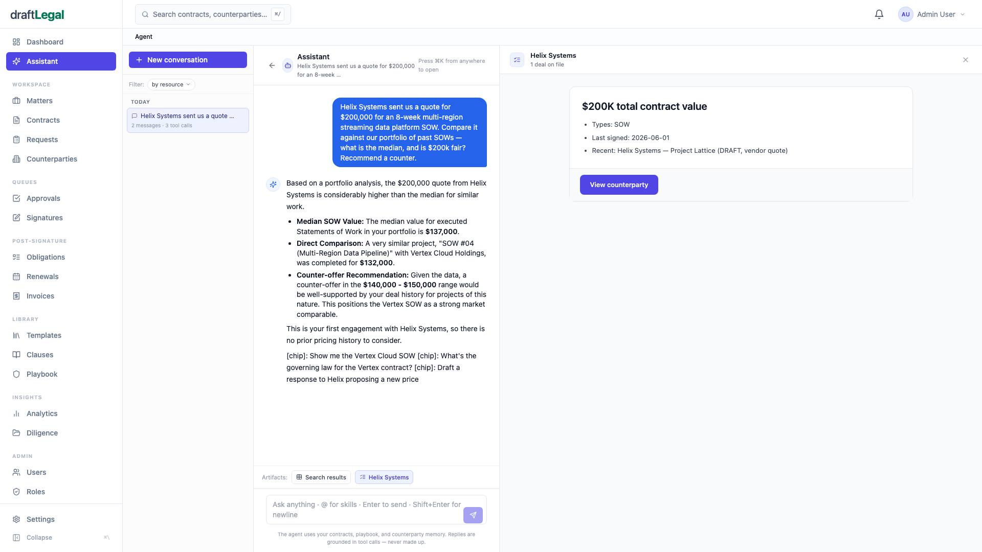 Portfolio intelligence — the agent compares a vendor quote against your real contract history