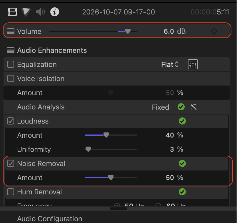 Final Cut Pro's audio Inspector showing Volume at +6.0 dB, Loudness on at 40% with 3% uniformity, and Noise Removal on at 50%