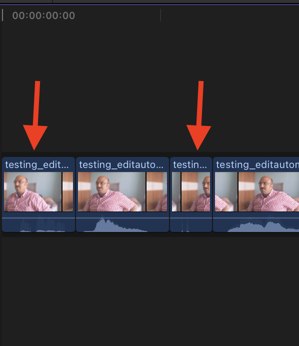 The start of the version 3 timeline in Final Cut Pro, with red arrows on the first and third clips: tiny clips with almost-flat waveforms between real speech clips