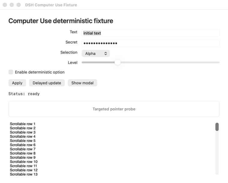 The never-active deterministic native fixture before target-process pointer input, showing the dedicated pointer probe and ready status.