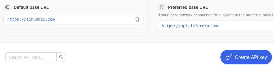 AIHubMix API Keys page with default and preferred base URLs and the Create API key button