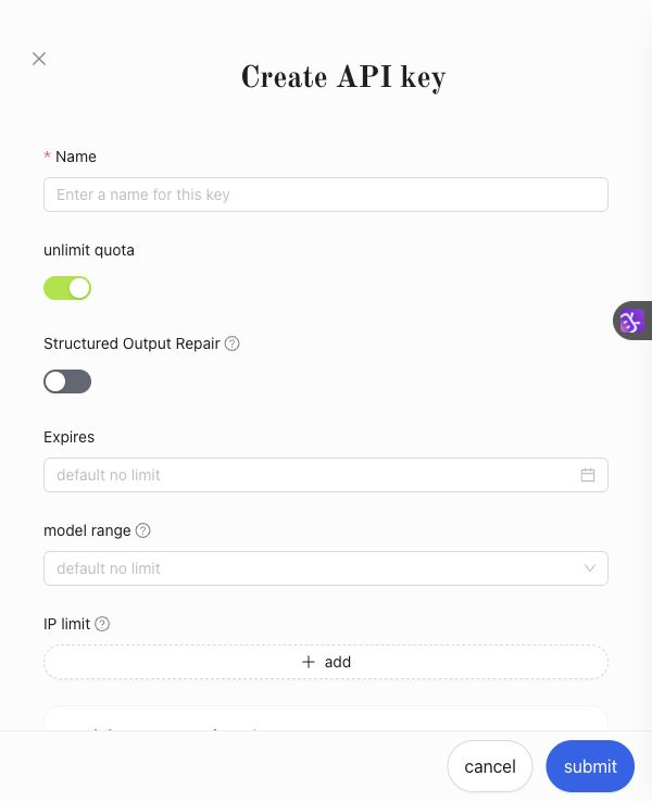 AIHubMix Create API key form
