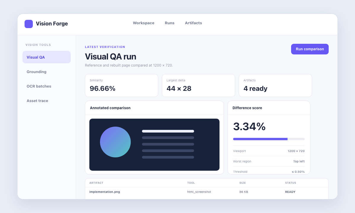 Initial UI restoration candidate before Vision Toolkit iteration, with measurable layout and styling differences from the reference.