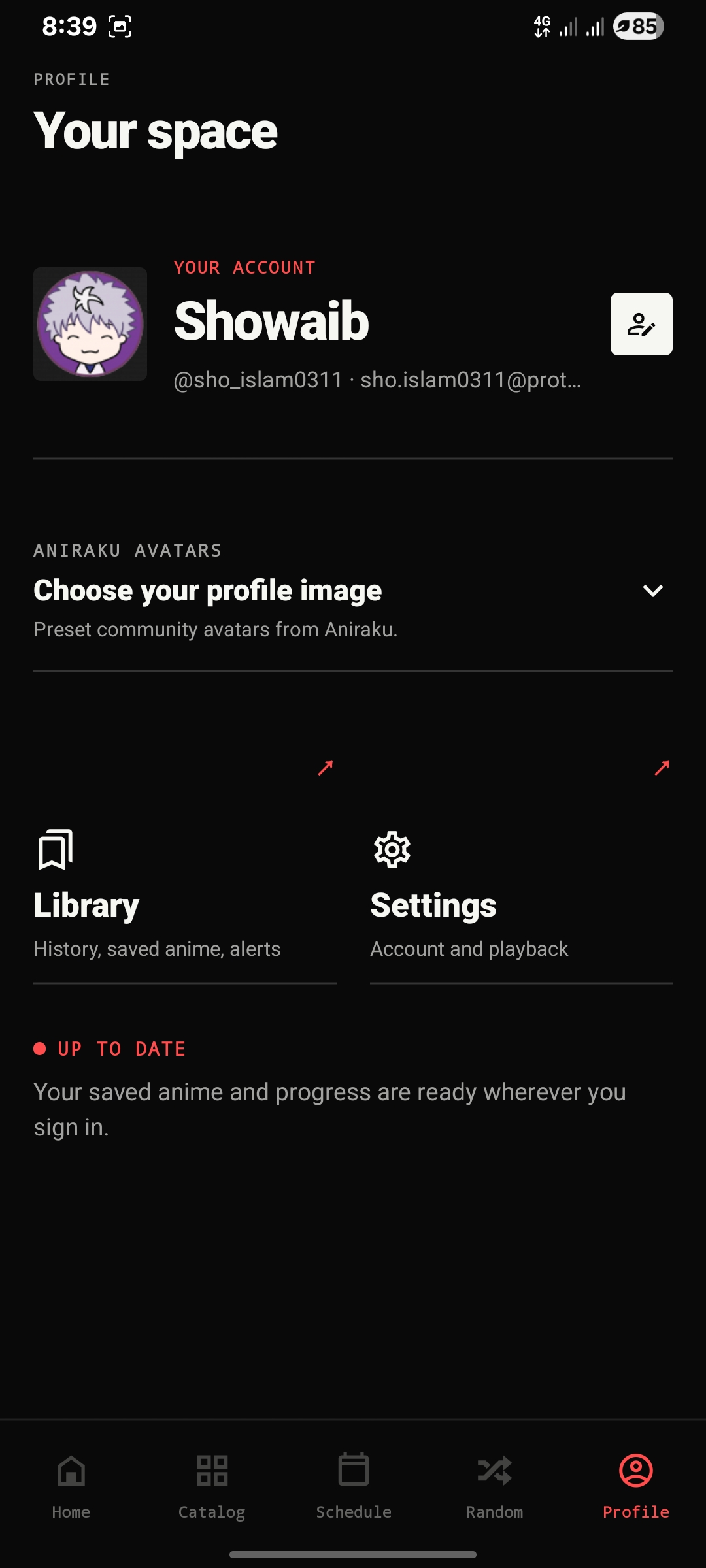 Aniraku Profile screen