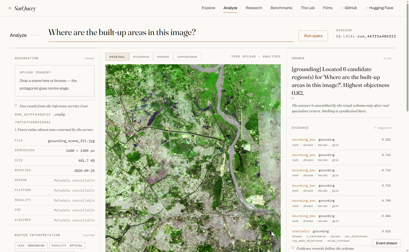 The SatQuery AI Analyze console answering a text-guided visual grounding question about satellite imagery against live inference