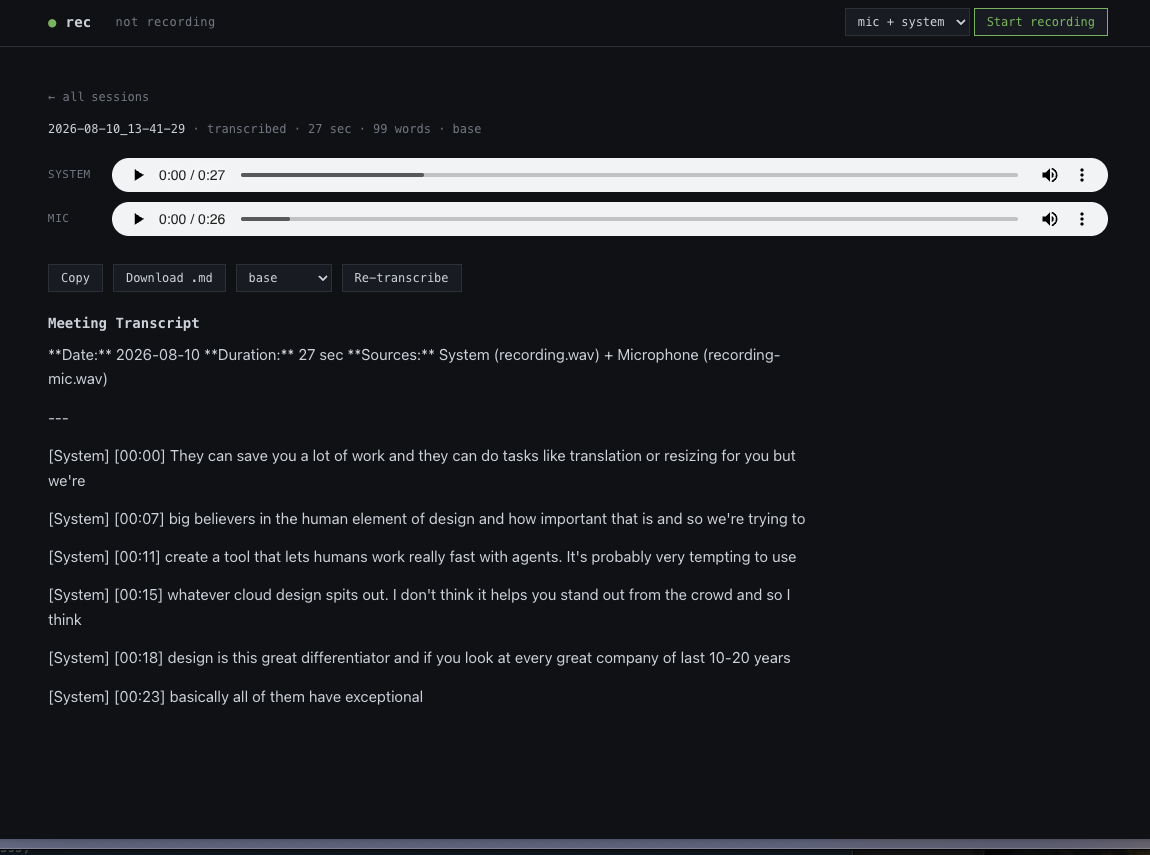 rec web — session detail with audio and transcript