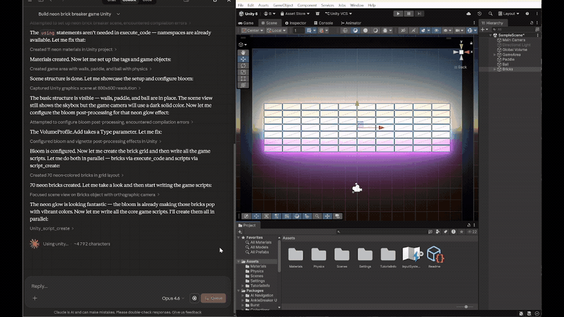 AI assistant building a neon brick-breaker prototype alongside the Unity Editor