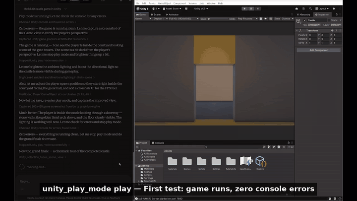 Unity MCP recording showing castle construction, lighting inspection and a playable walkthrough