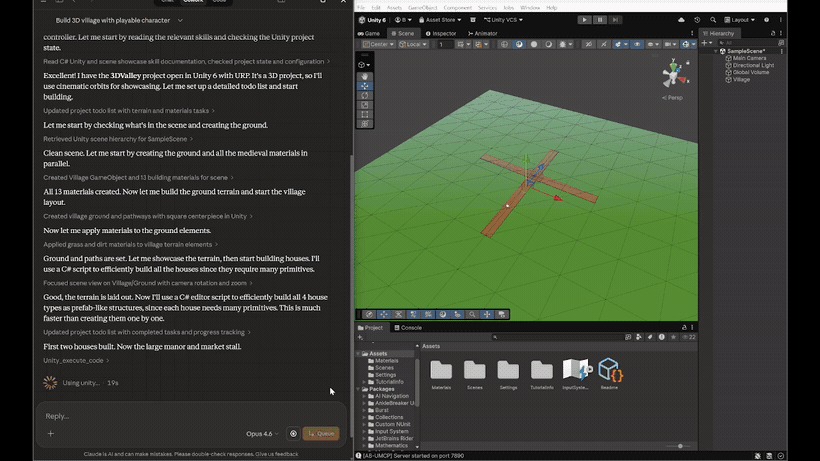 Unity MCP recording showing a medieval village being built with terrain and houses