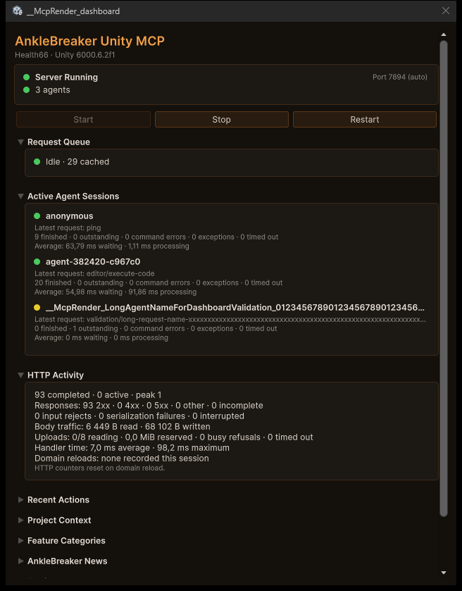Actual Unity Dashboard in a validation project showing bridge status, three agent sessions, request queue and HTTP counters