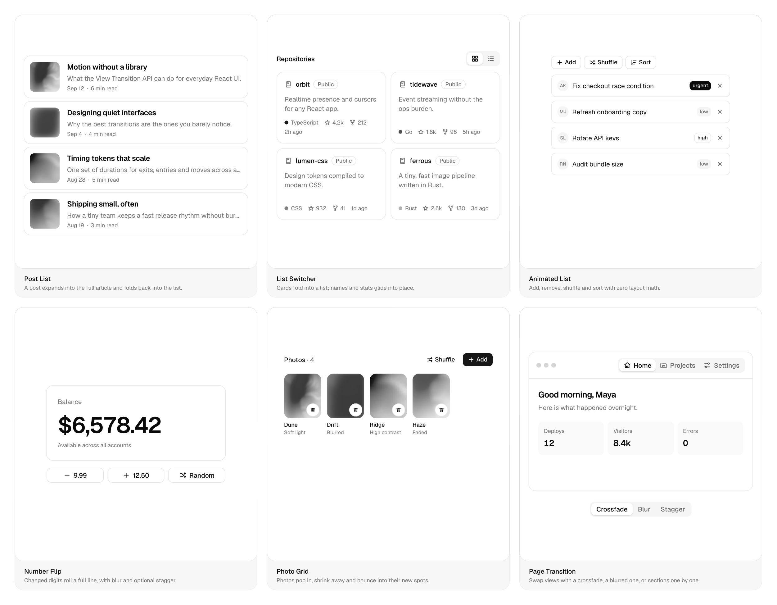A grid of Morph UI components: Post List, List Switcher, Animated List, Number Flip, Photo Grid and Page Transition