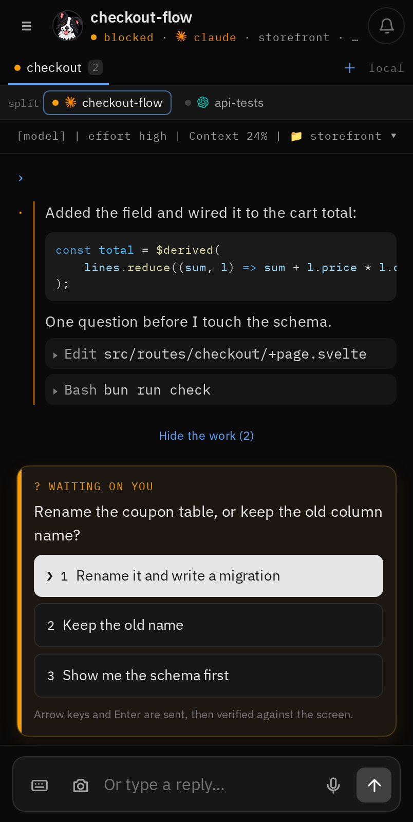 A conversation rendered as chat, with highlighted code, folded tool calls and the picker card