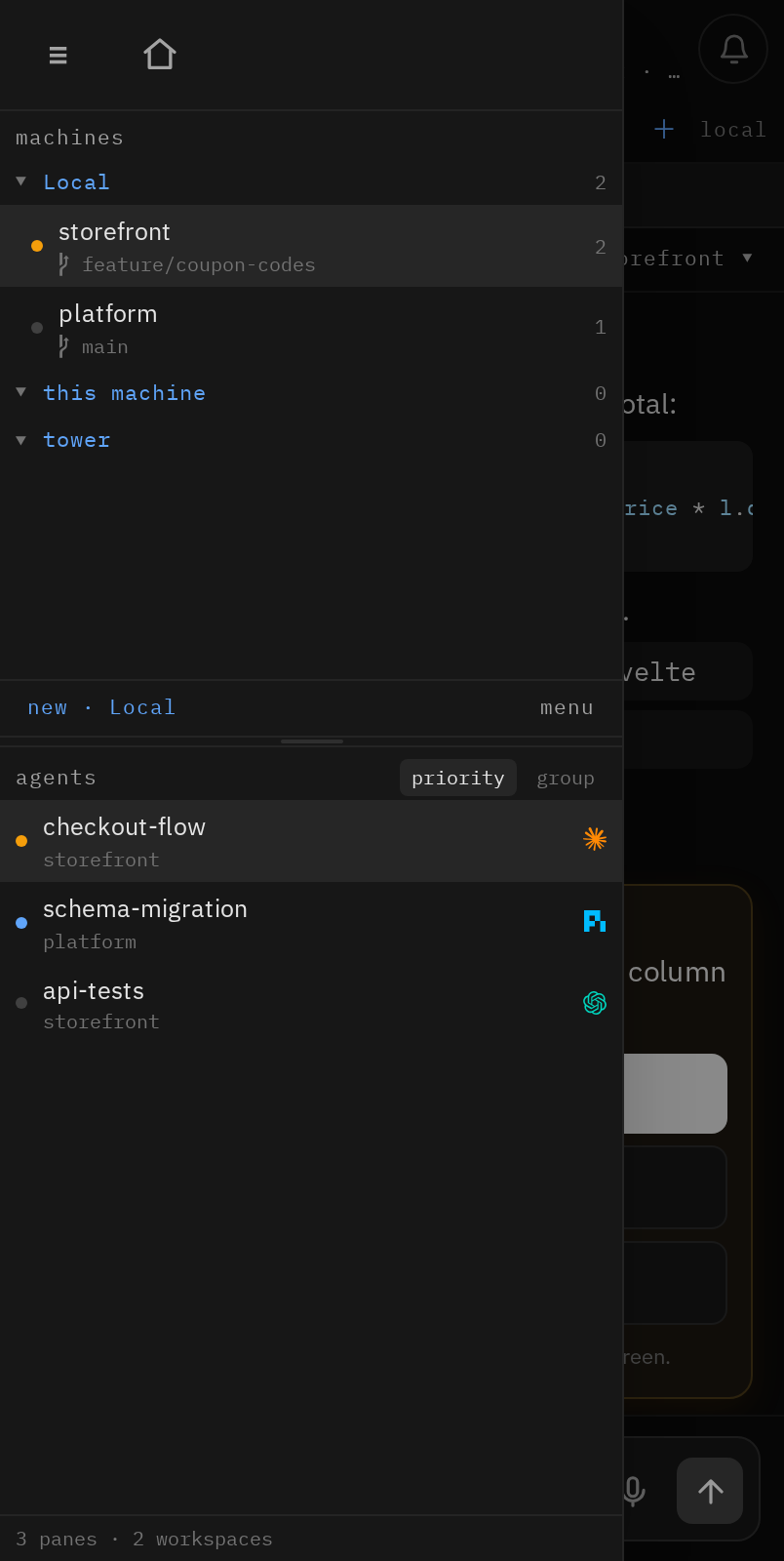 The session panel, listing machines, workspaces and agents