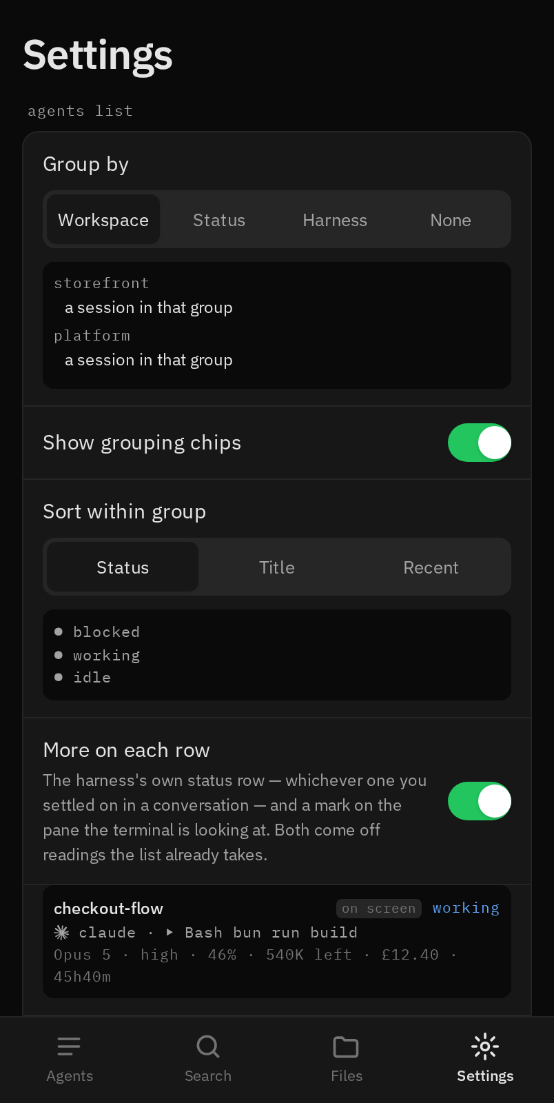 Settings, with a live preview under each control