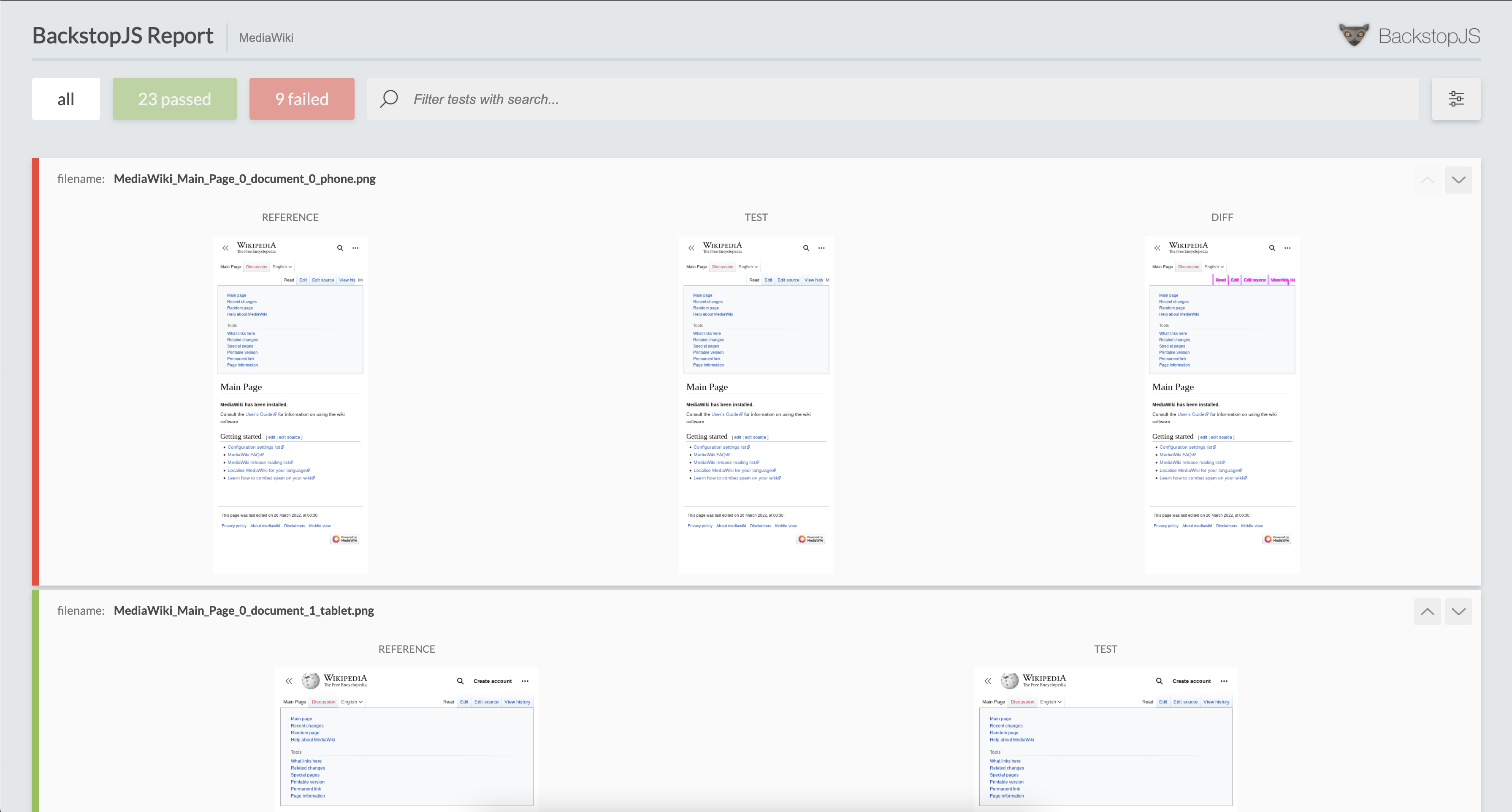 Visual regression HTML reporter showing failing and passing tests