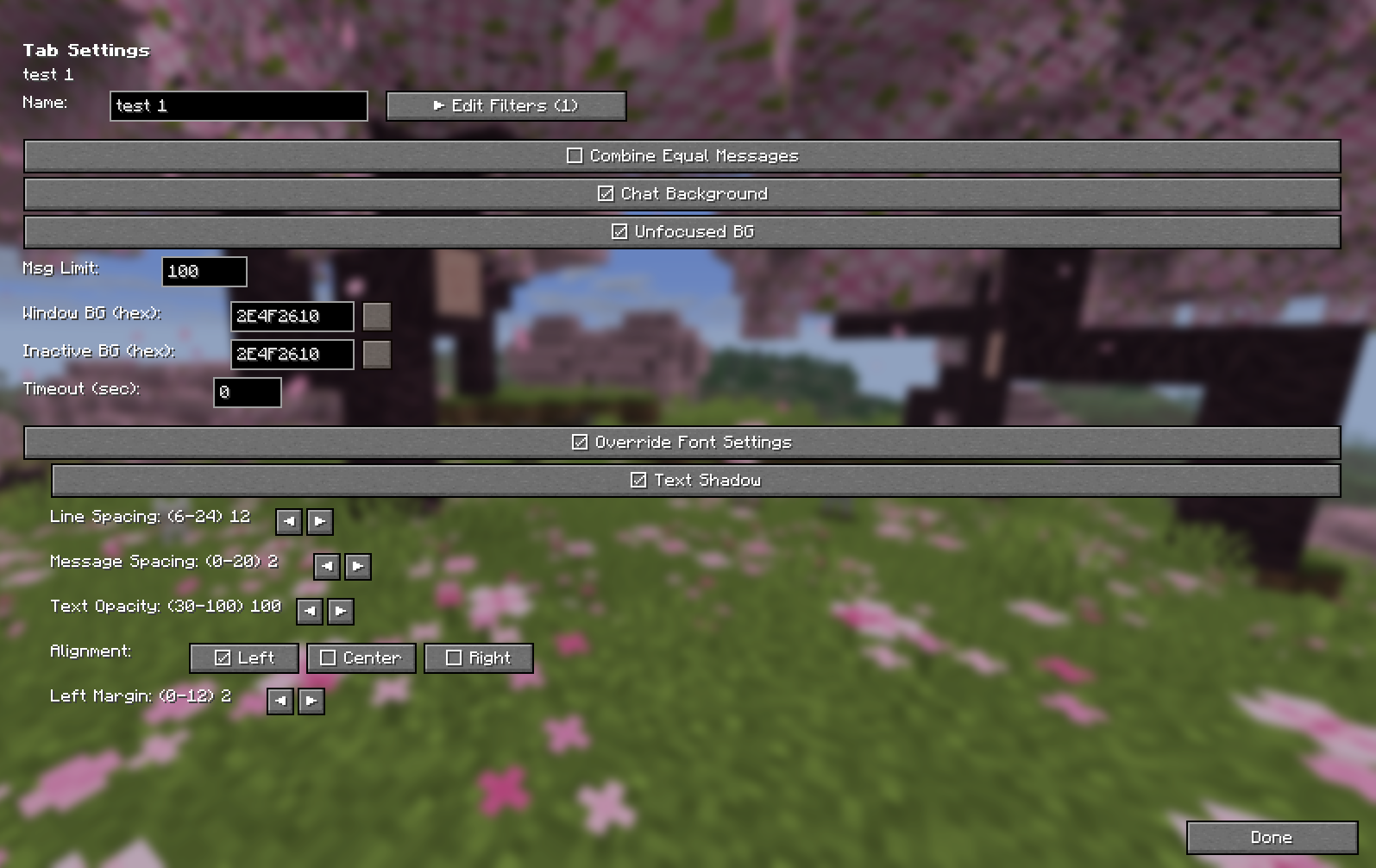 Tab settings