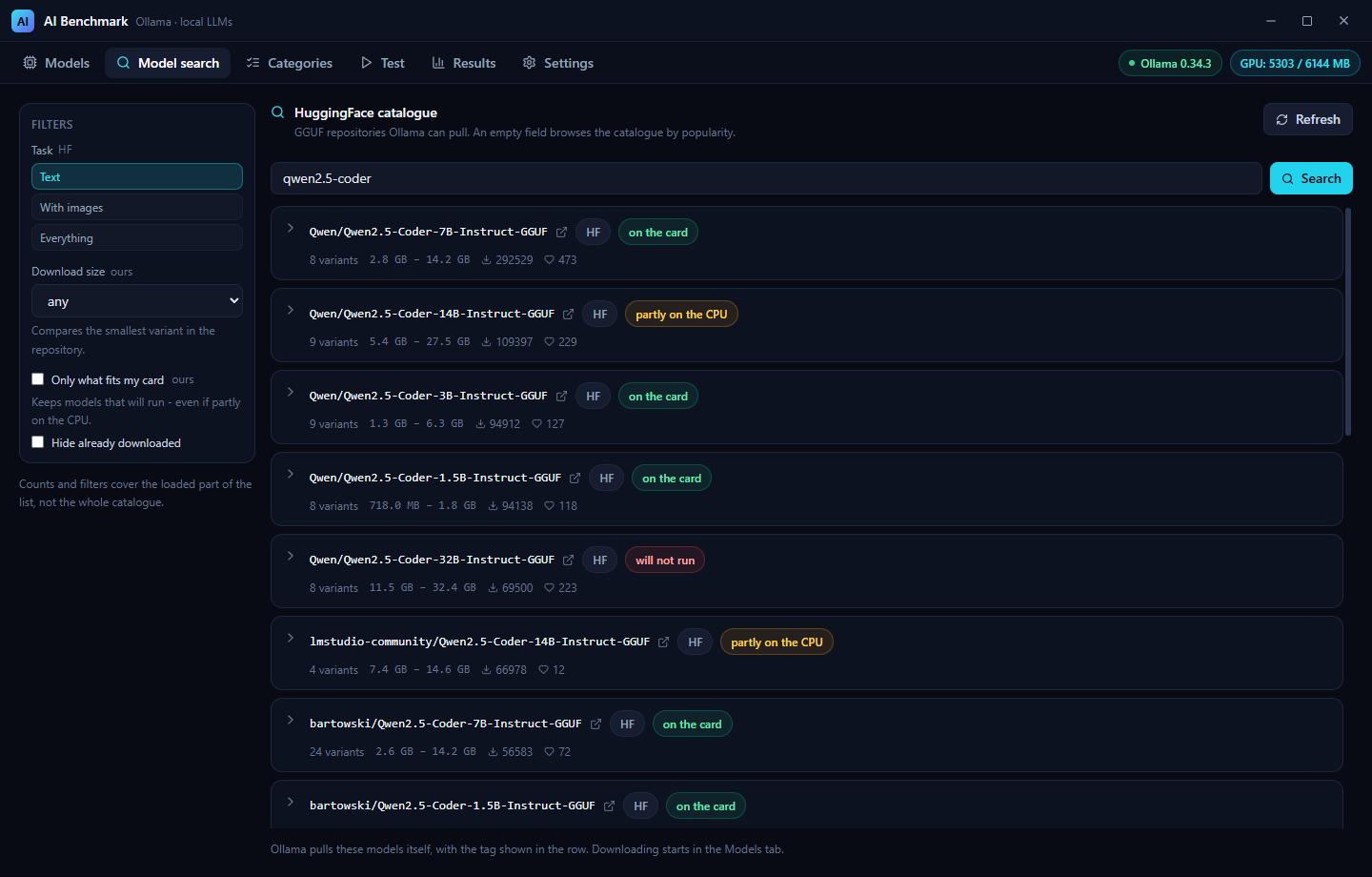 HuggingFace catalogue with memory verdicts