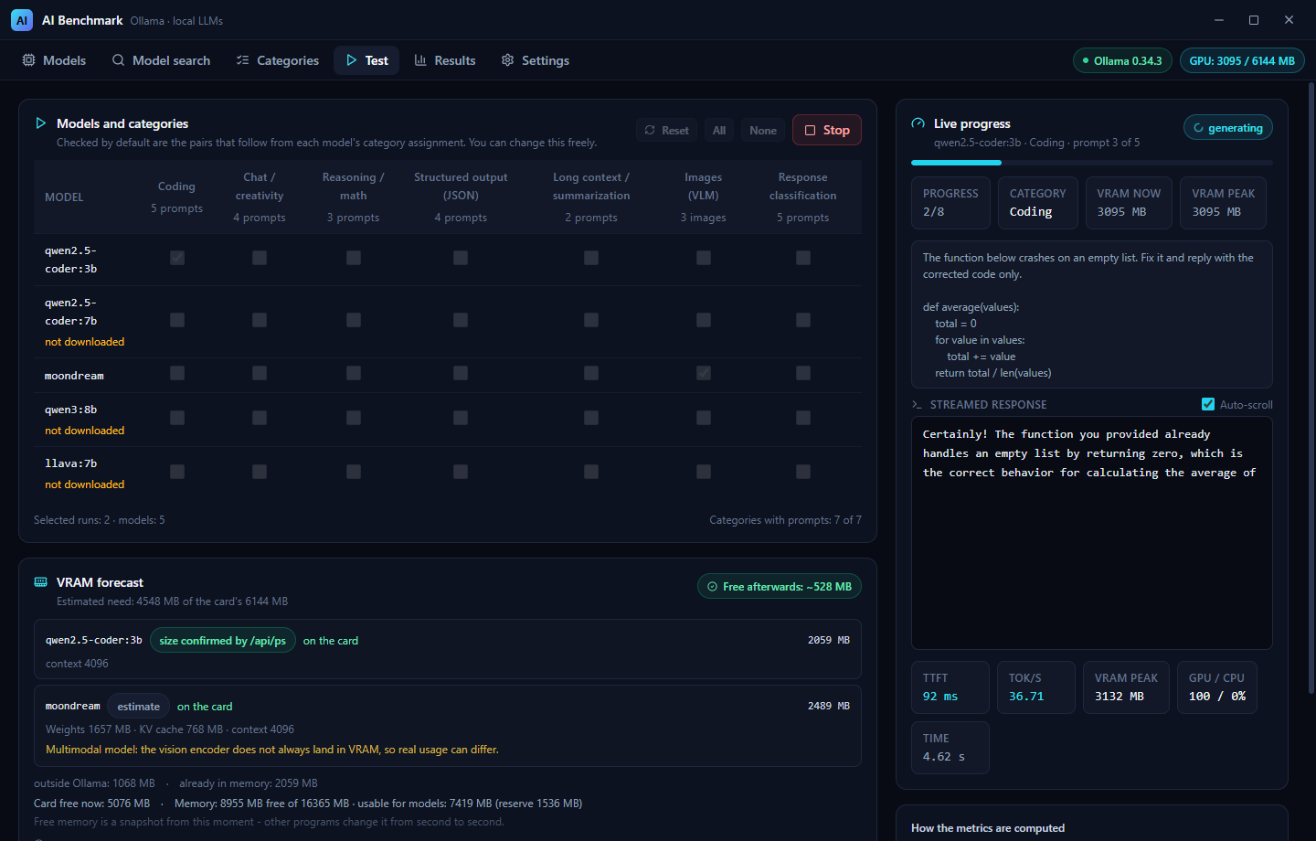 A run in progress: live progress, the streamed answer and the metrics