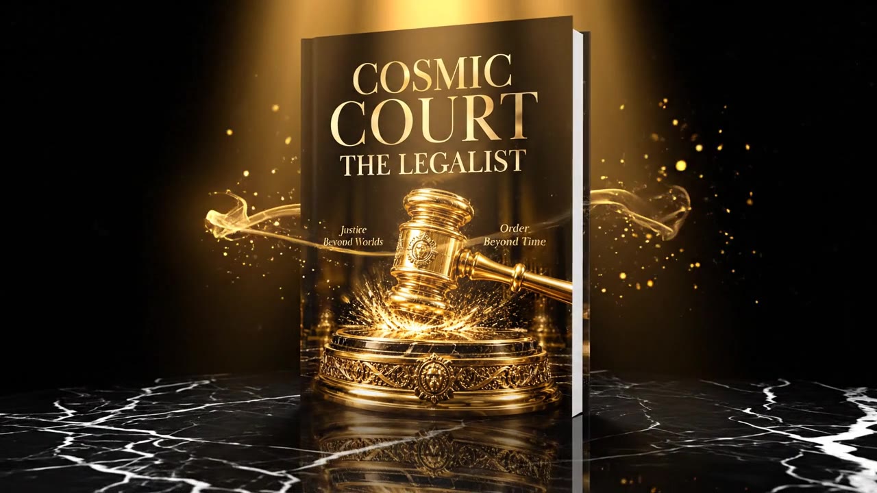 Cosmic Court: The Legalist book trailer poster with gold gavel and book cover
