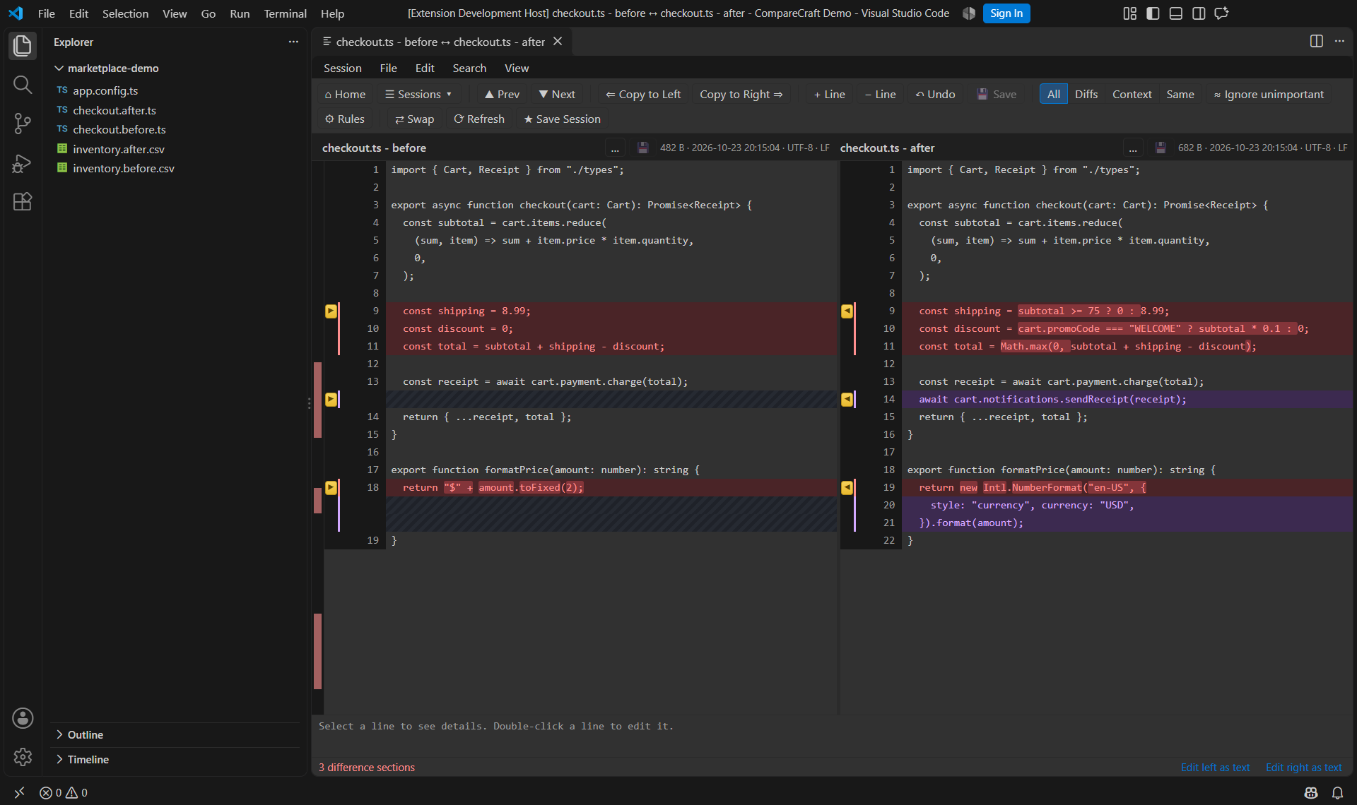 Embedded text comparison with highlighted changes and copy controls