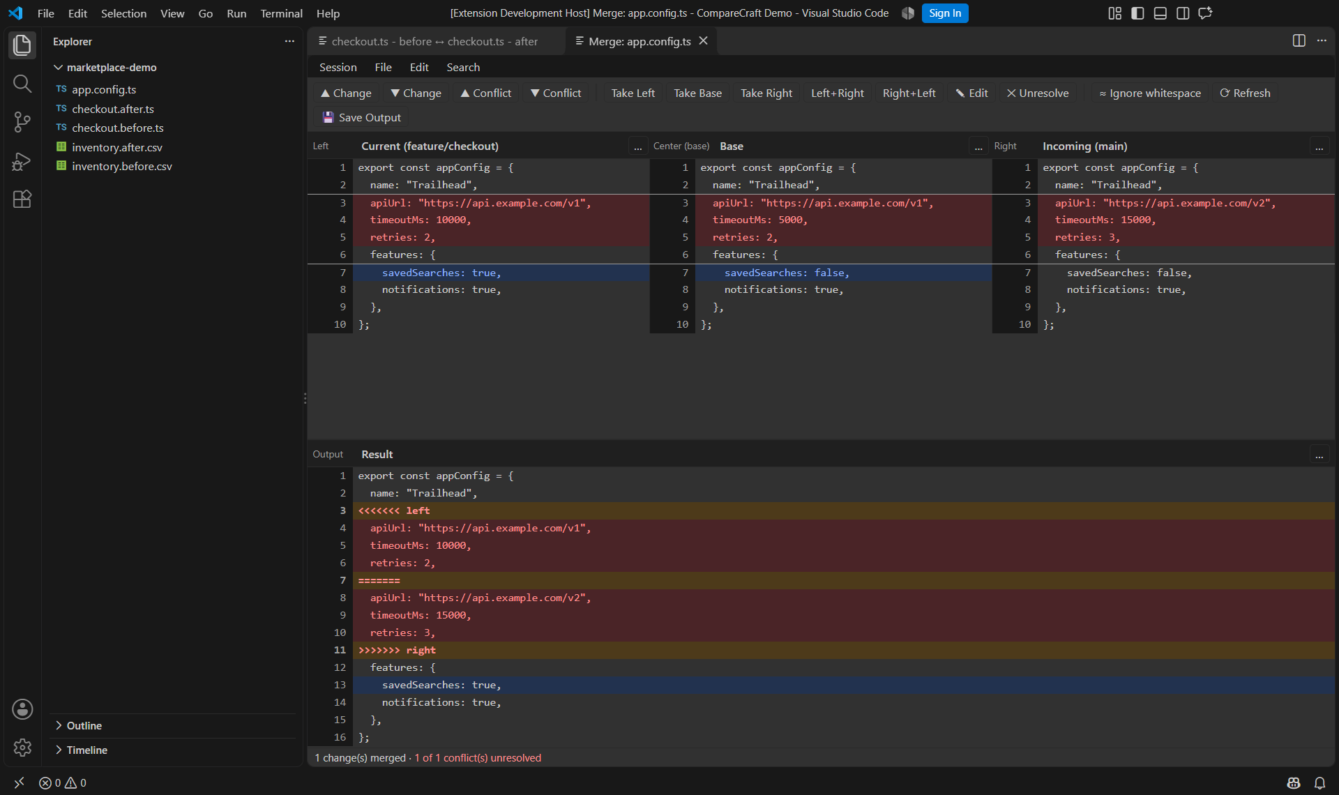 Three-way merge showing current, base, incoming, and the editable result