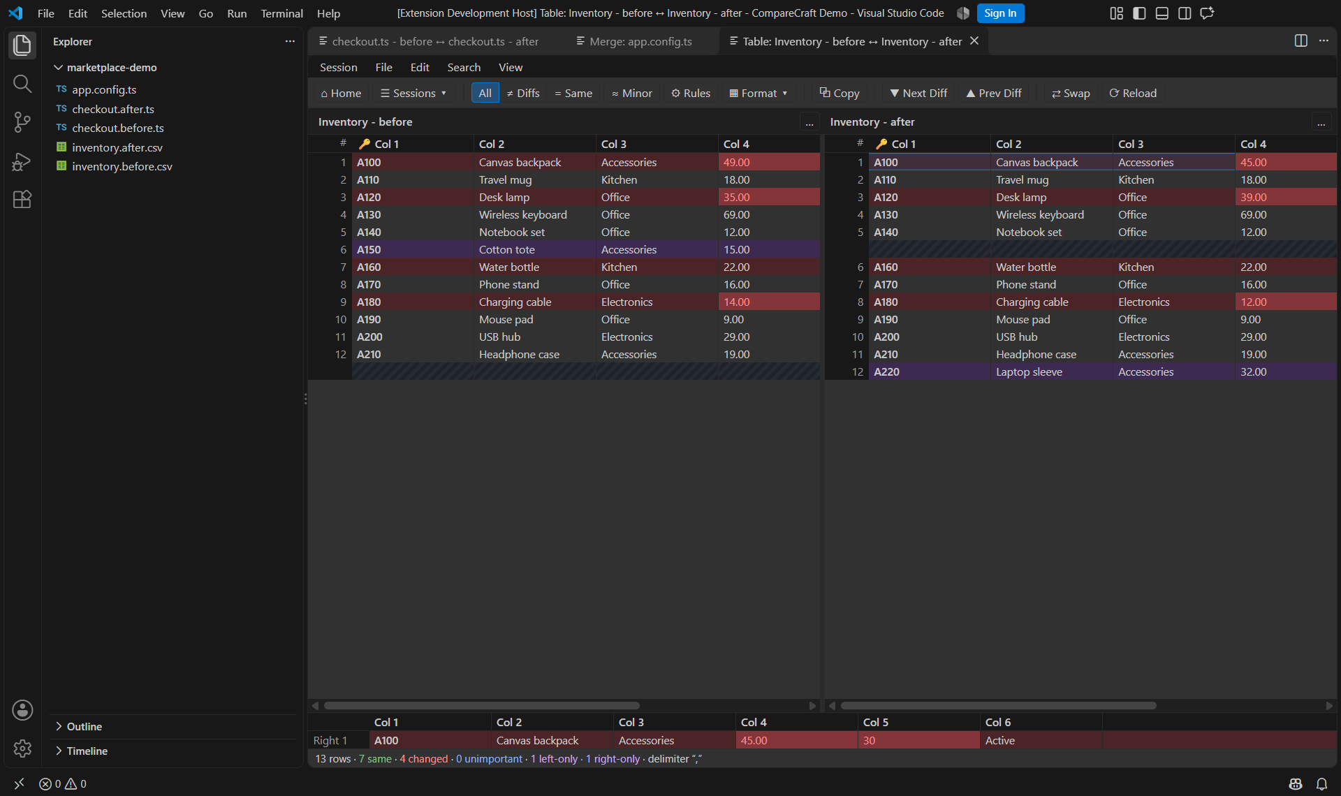 Read-only CSV comparison with keyed rows, highlighted cells, and selected-row details