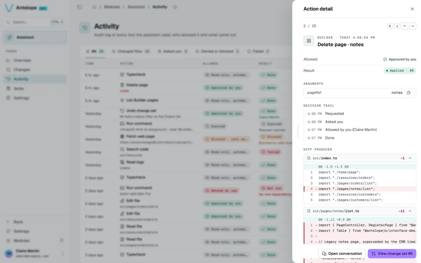 The detail of a Builder "Delete page" call, approved by the user, with its diff