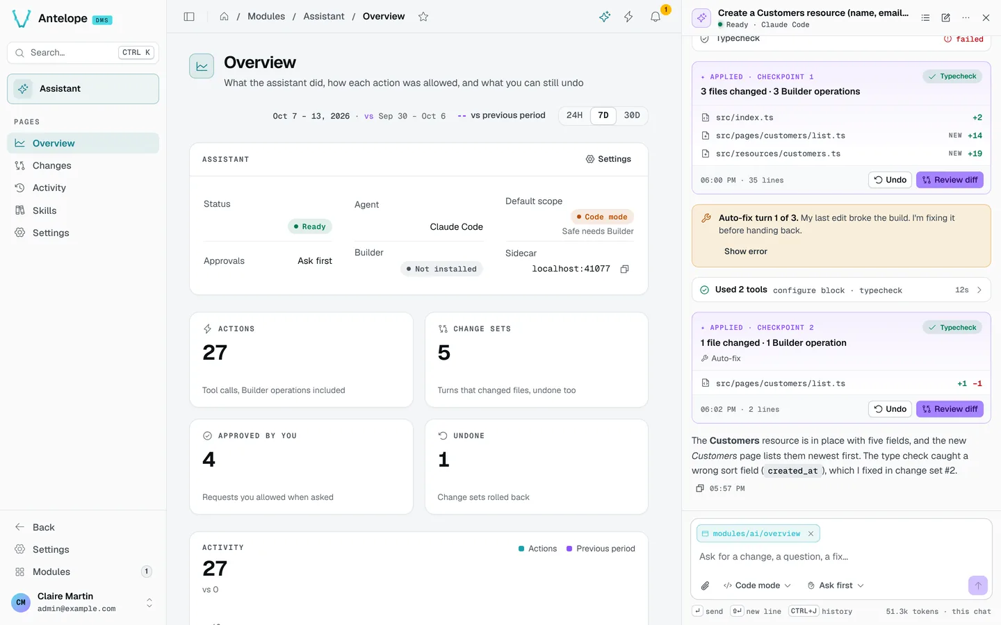 A conversation in the chat panel: two applied checkpoints with their files, an auto-fix turn and the assistant's summary