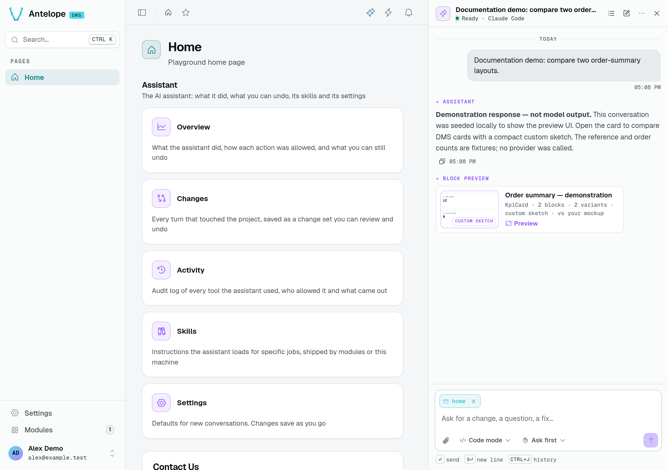 A demonstration conversation in the real chat, with an Order summary preview attachment