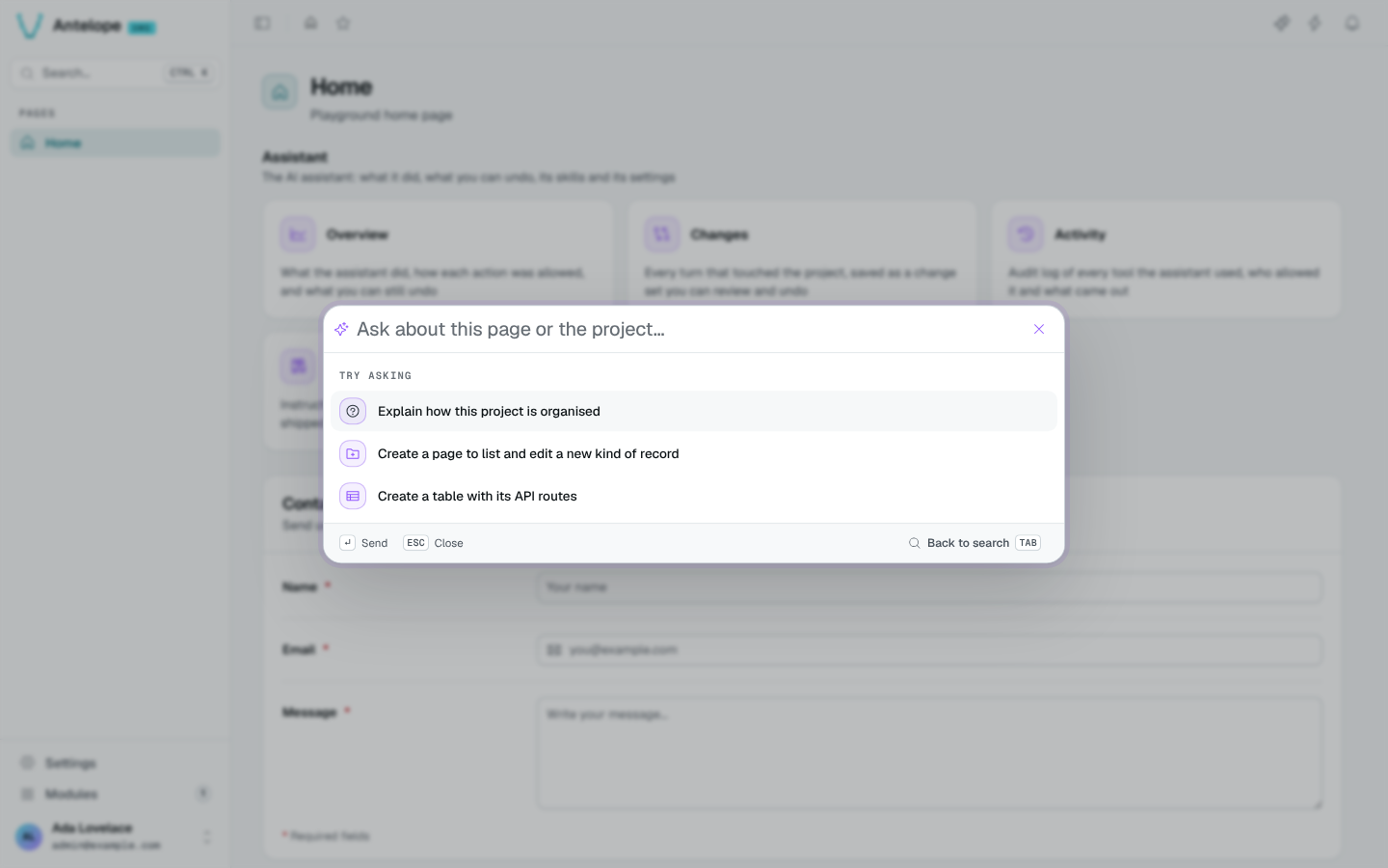 The command palette in assistant mode