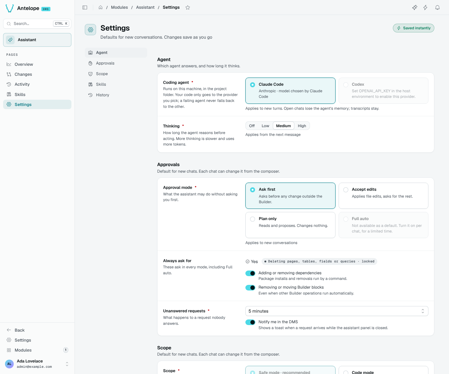 The Settings page: agent, thinking and approvals