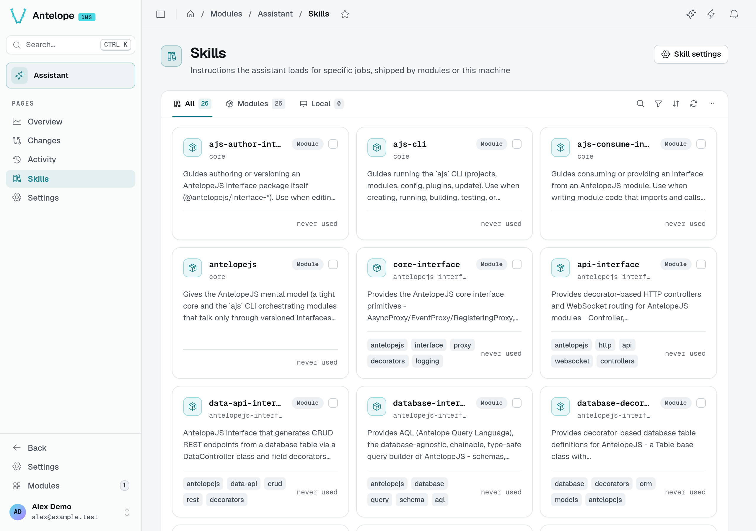 The Skills page in a fresh playground, with 26 module skills and no local skills