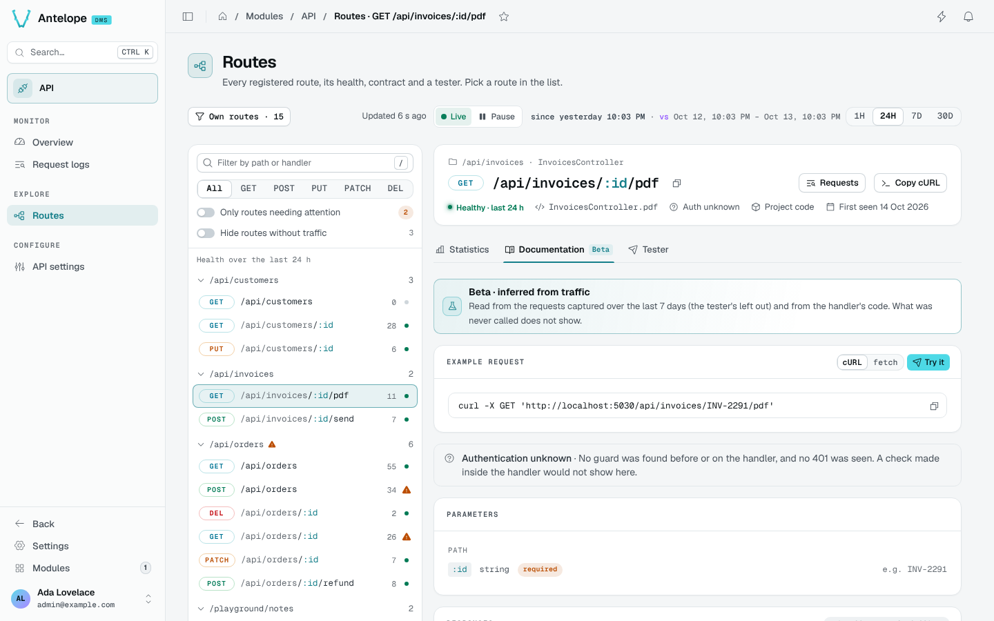 The Documentation tab of GET /api/invoices/:id/pdf with its example request and parameters