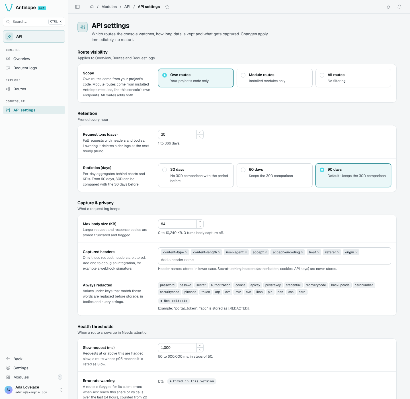 The API settings page: route visibility, retention, capture and privacy