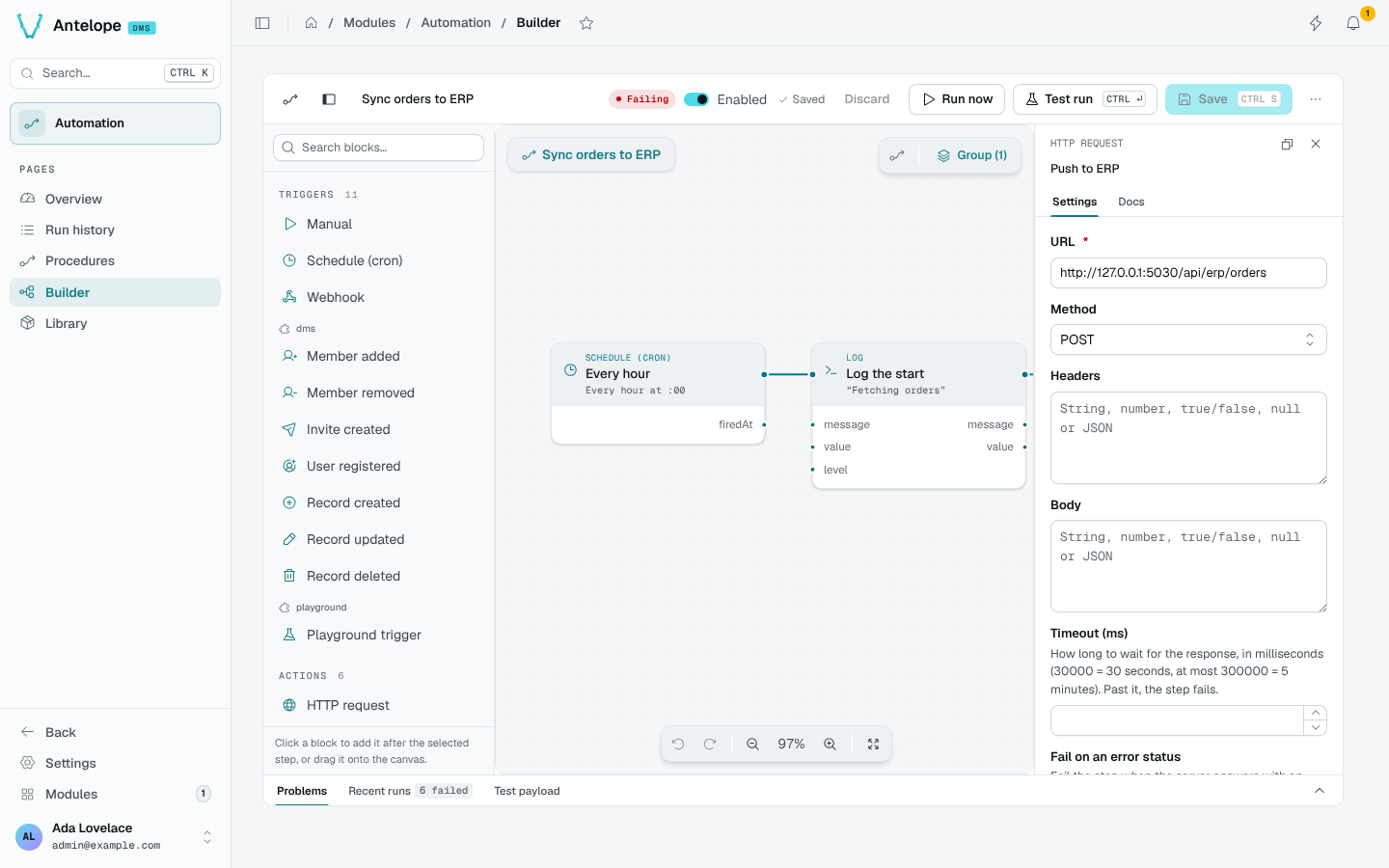 The inspector of an HTTP request step: URL, method, headers, body and timeout