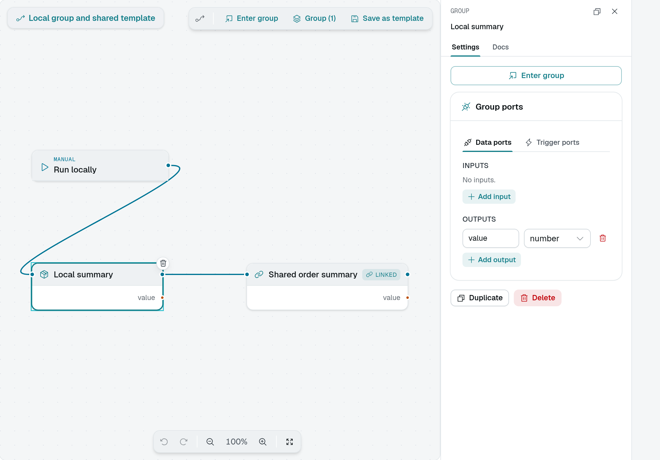 Local summary selected, with its exposed value port and editable group-port controls