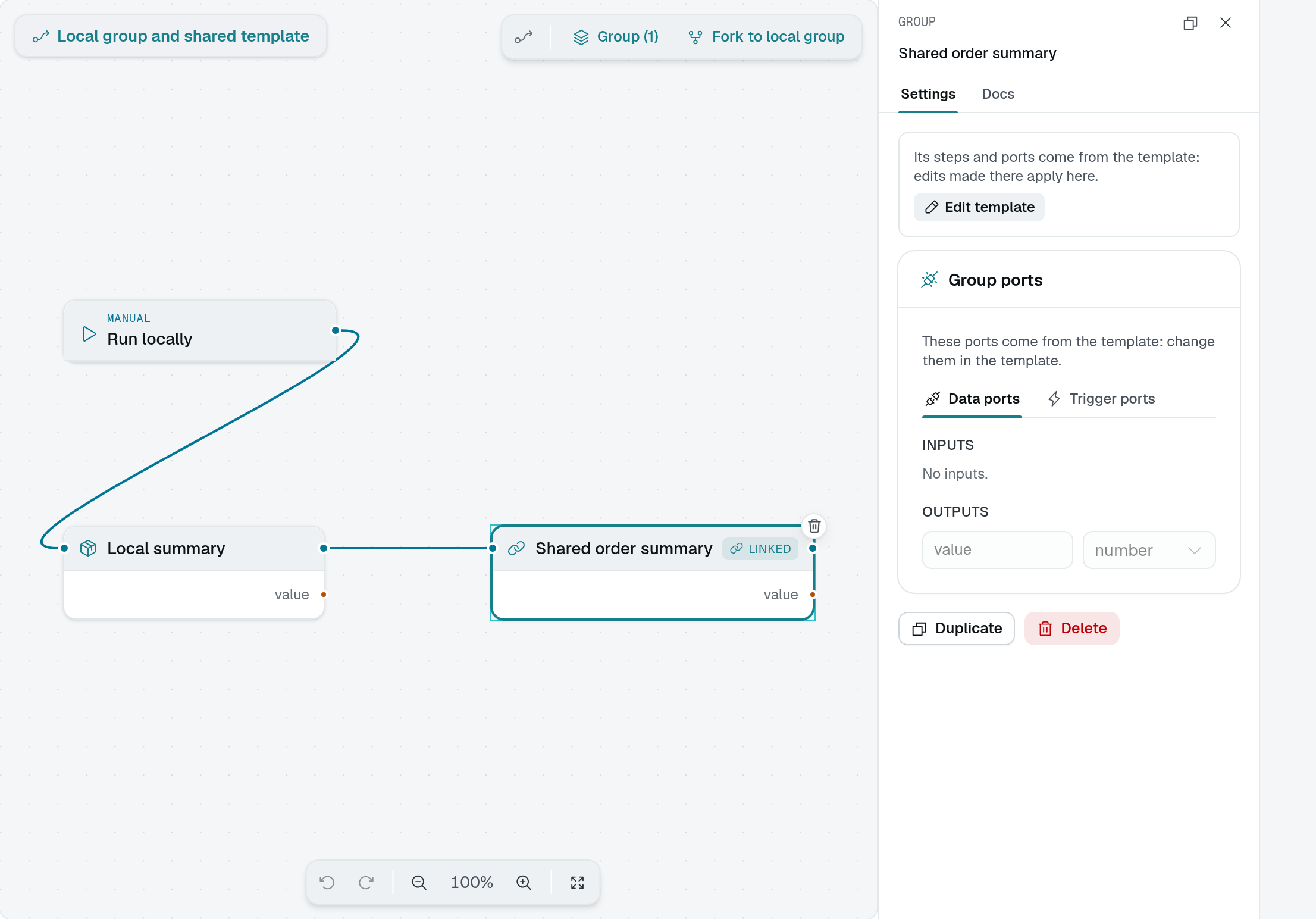 Shared order summary selected, with its Linked badge, disabled port controls, Edit template and Fork to local group actions