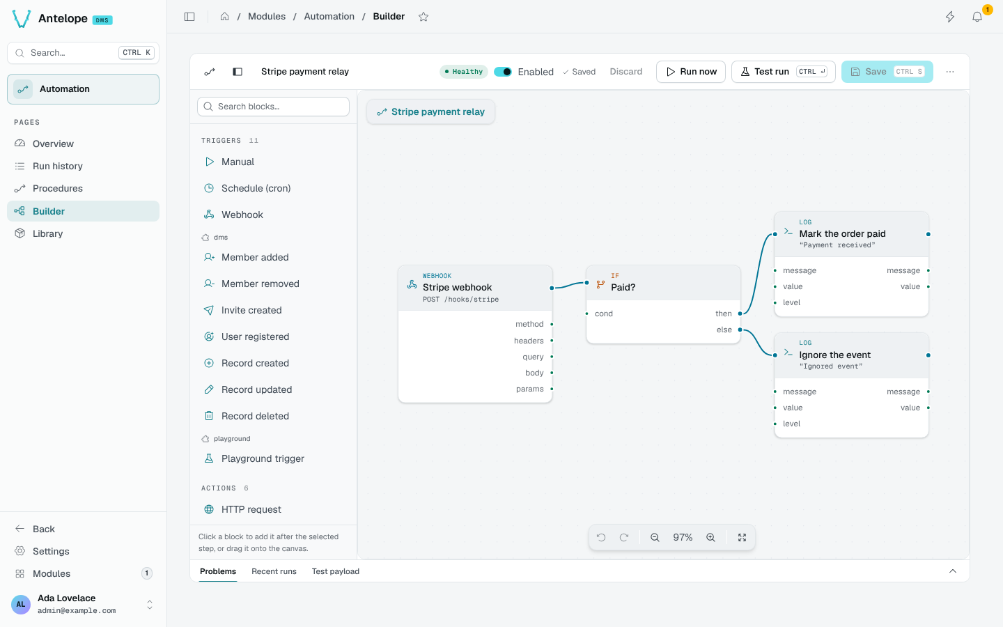The builder showing a webhook trigger, an If node and two Log actions