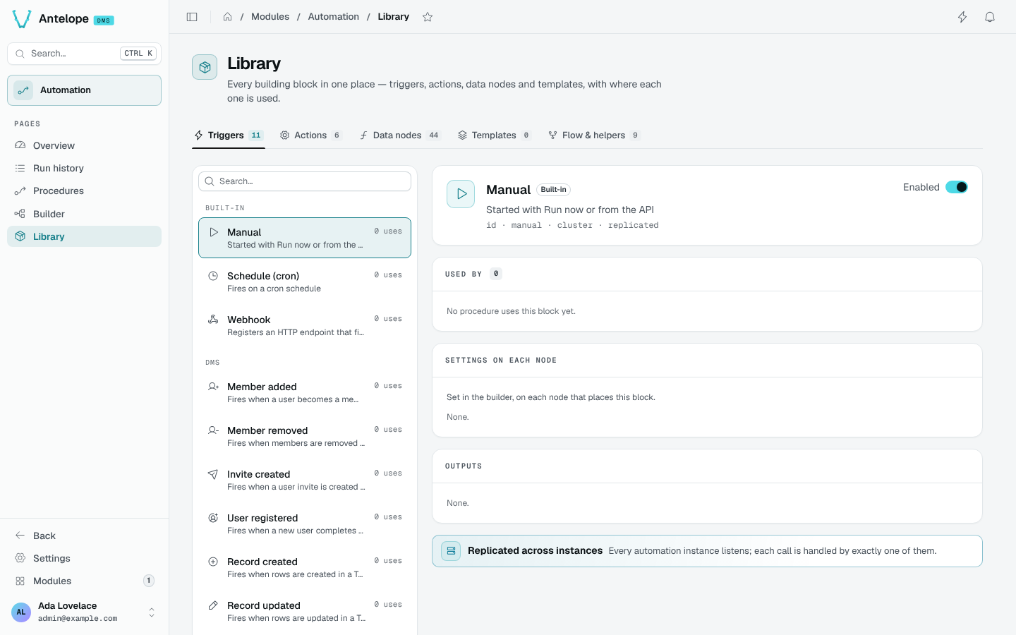 The Library on the Triggers tab, with the Manual trigger open