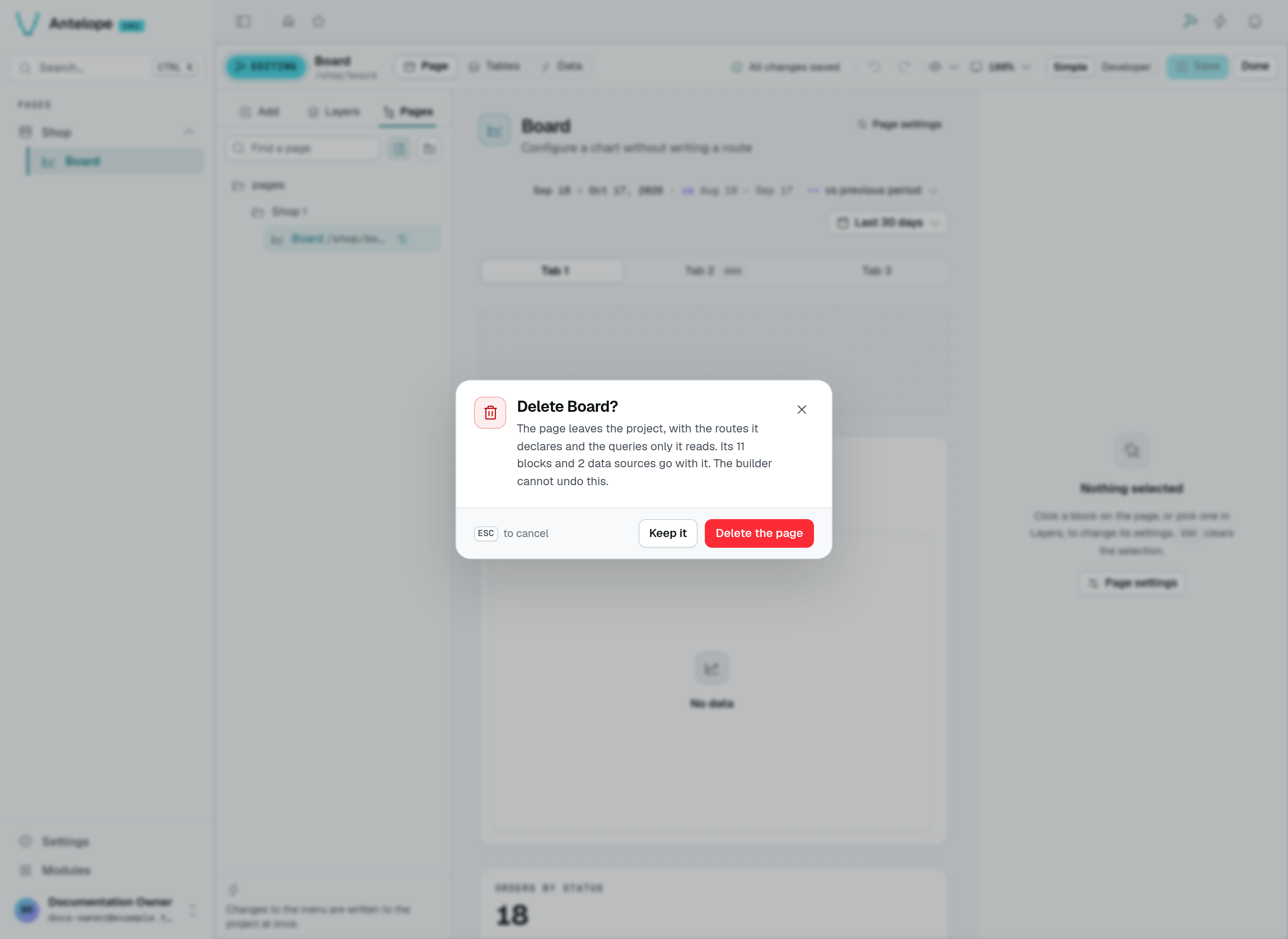 The Delete Board confirmation lists 11 blocks and 2 data sources, with Keep it and Delete the page buttons
