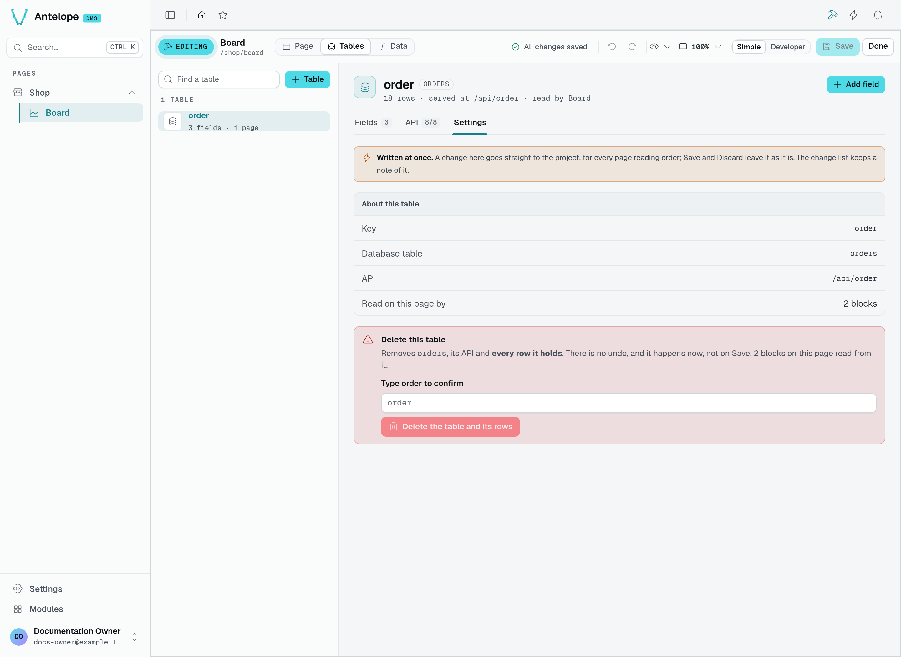 The order table's Settings tab with an empty confirmation field and the disabled Delete the table and its rows button