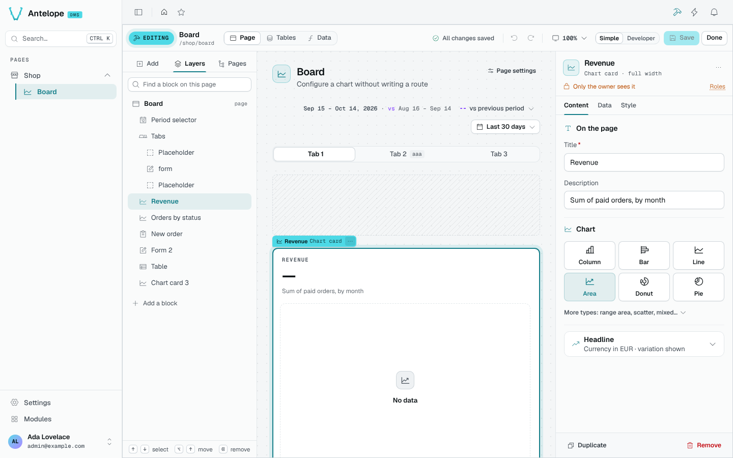 The Layers tab listing every block of the Board page