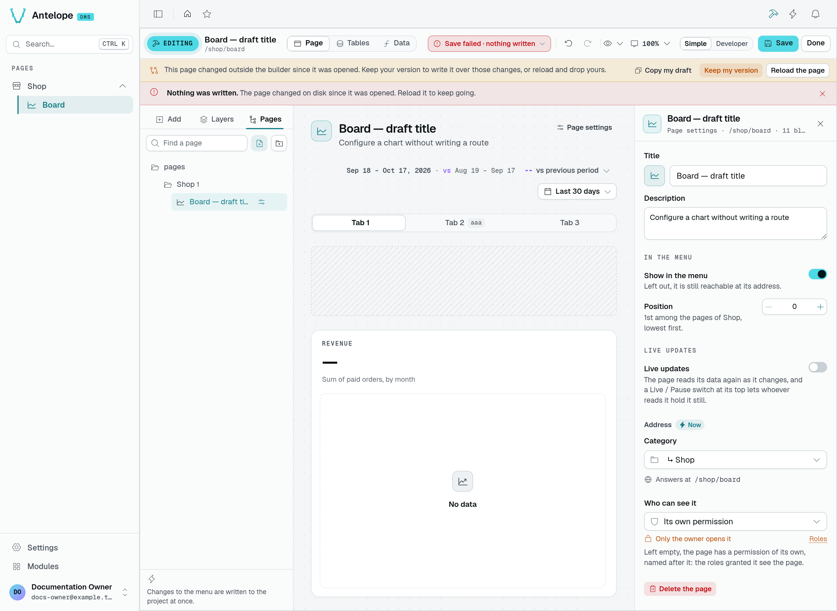 A refused save after an external source edit, with Copy my draft, Keep my version and Reload the page actions