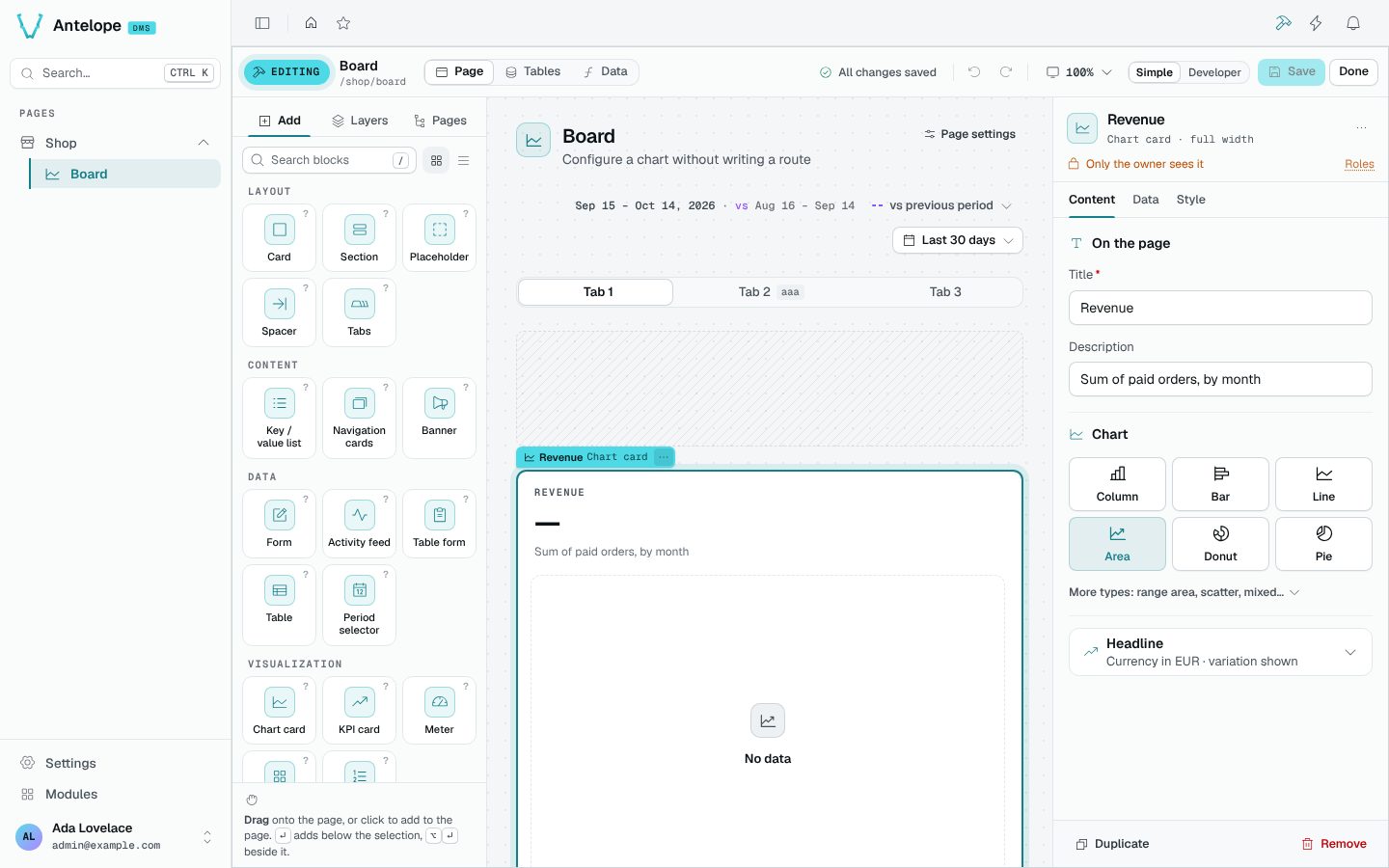 The builder open on a page, with the block catalog, the canvas and a chart card's settings