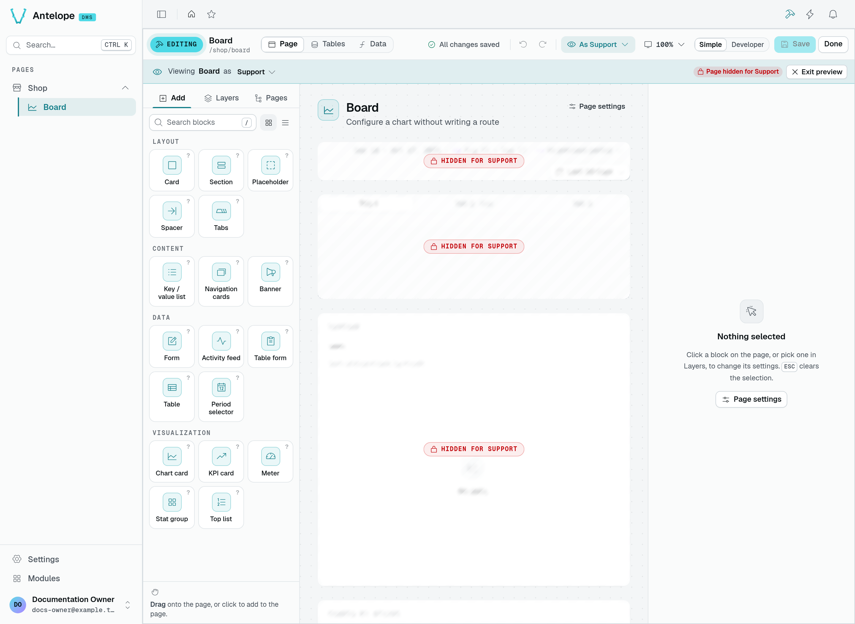 The builder previewing Board as Support, with Page hidden for Support and hatched blocks labelled Hidden for Support