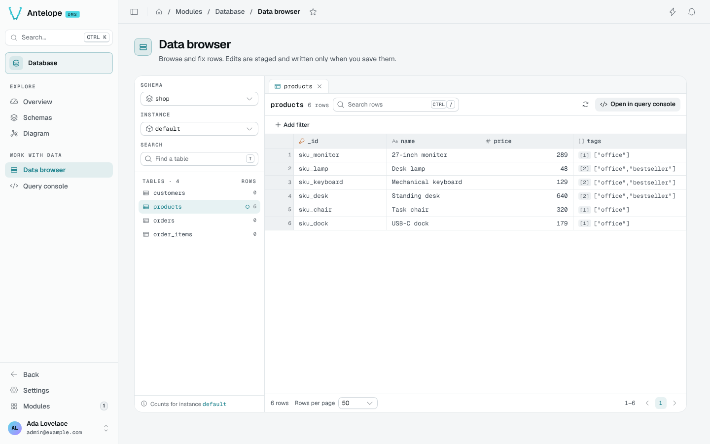 The products table of the shop schema open in the data browser
